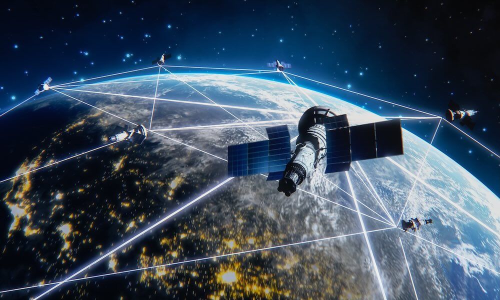 Many Satellites Flying over Earth as Seen from the Space, They Connect and Cover Planet with Digitalization Network of Information. Global Data Grid Connecting Whole World. 3D VFX Rendering