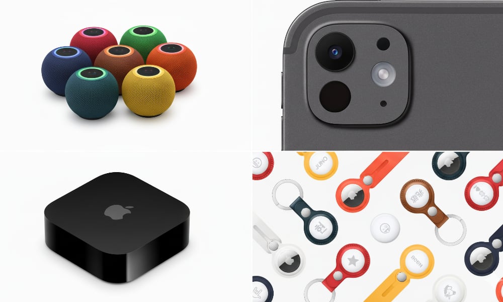 abstract collage homepod mini iPad pro camera Apple TV and AirTags